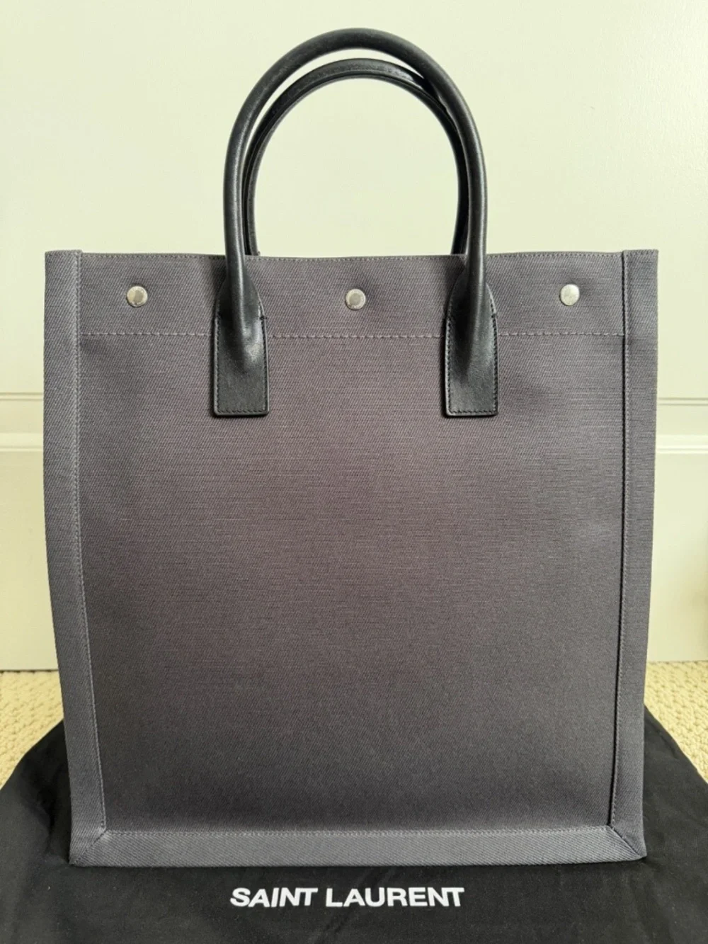 Saint Laurent YSL Rive Gauche Gray Canvas Logo Black Leather Tote Bag - Picture 16 of 16